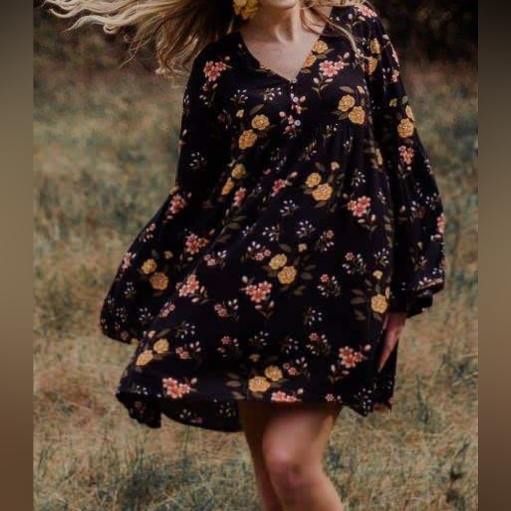 Altar'd State Black Dress with Yellow Floral Design